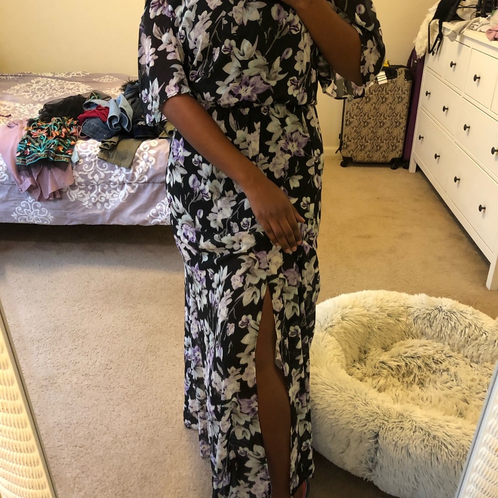 Deep blue & purple floral print cold shoulder dress